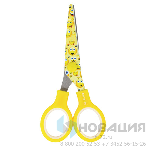 Ножницы BRAUBERG "Kid Series", 130 мм жёлто-белые с цветной печатью "Смайлики", закругленные, 232274