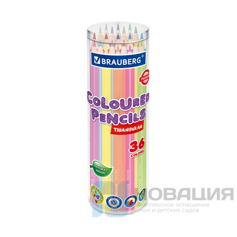 Карандаши цветные BRAUBERG PREMIUM 36 цветов, трехгранный корпус, мягкий грифель 3,3 мм, упаковка пластиковая туба, 181934