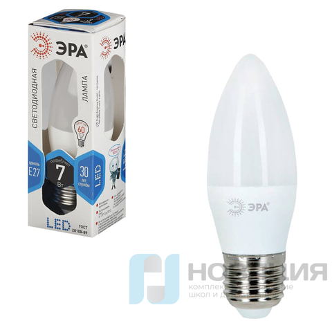Лампа светодиодная ЭРА, 7 (60) Вт, цоколь E27, "свеча", холодный белый свет, 30000 ч., LED smdB35-7w-840-E27
