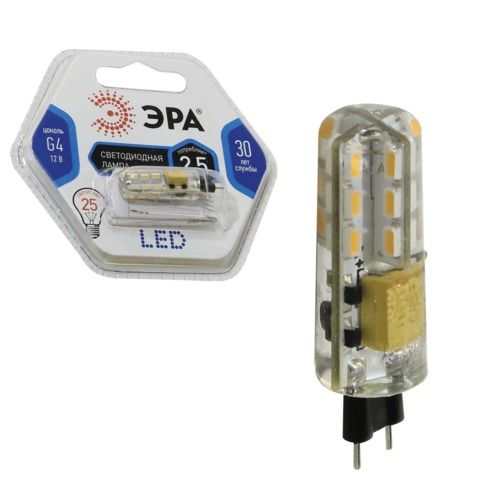 Лампа светодиодная ЭРА, 2,5 (25) Вт, цоколь G4, JC, холодный белый свет, 30000 ч., LED smdJC-2,5w-corn-840-G4, JC-2,5w-840-G4c