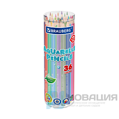 Карандаши цветные акварельные BRAUBERG PREMIUM AQUARELLE 36 цветов, трёхгранный корпус, мягкий грифель, упаковка пластиковая туба, 181933