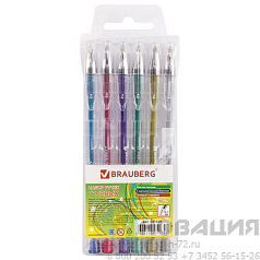 Ручки гелевые BRAUBERG "Jet", НАБОР 6 ЦВЕТОВ, МЕТАЛЛИК, узел 0,7 мм, линия письма 0,5 мм, 141029