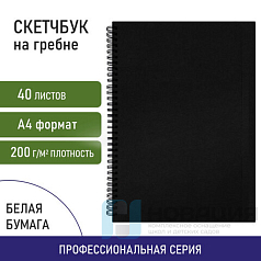 Скетчбук, белая бумага 160г/м2, 210х297мм, 40л,гребень,твёрдая обложка ЧЕРНАЯ, BRAUBE, 115075