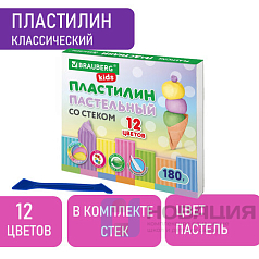 Пластилин классический пастельные цвета BRAUBERG KIDS, 12 цветов, 180 г, стек, 106681