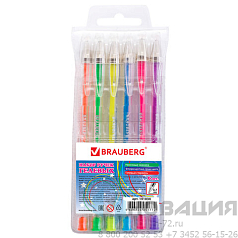 Ручки гелевые BRAUBERG "Jet", НАБОР 6 ЦВЕТОВ, НЕОНОВЫЕ, узел 0,7 мм, линия письма 0,5 мм, 141034