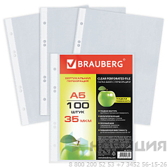 Папки-файлы МАЛОГО ФОРМАТА (148х210 мм), А5, ВЕРТИКАЛЬНЫЕ, КОМПЛЕКТ 100 шт., 35 мкм, BRAUBERG, 221714