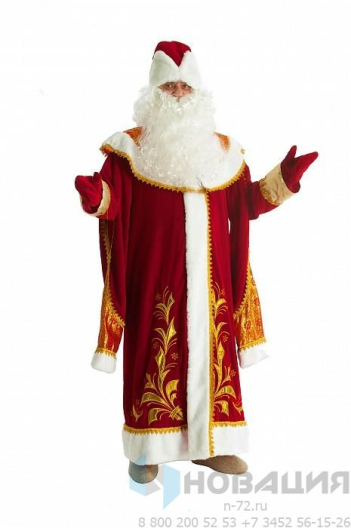 Костюм взрослый Дед Мороз с пелериной, красный (парча, бархат с вышивкой)