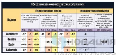 Стенд в кабинет немецкого языка Склонение имен прилагательных, 1,1х0,5 м