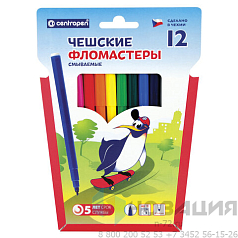 Фломастеры 12 ЦВЕТОВ CENTROPEN "Пингвины", смываемые, вентилируемый колпачок, 7790/12ET, 7 7790 1286