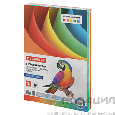Бумага цветная BRAUBERG, А4, 80 г/м2, 250 л., (5 цветов х 50 л.), интенсив, для офисной техники, 112464