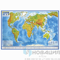 Карта мира физическая 101х66 см, 1:29М, с ламинацией, интерактивная, европодвес, BRAUBERG, 112377