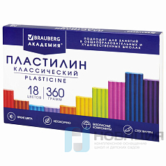 Пластилин классический BRAUBERG "АКАДЕМИЯ КЛАССИЧЕСКАЯ", 18 цветов, 360 г, СО СТЕКОМ, 106509