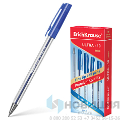 Ручка шариковая масляная ERICH KRAUSE "Ultra-10", СИНЯЯ, корпус прозрачный, узел 0,7 мм, линия письма 0,26 мм, 13873