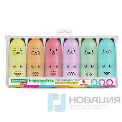 Набор текстовыделителей мини 6 ЦВЕТОВ BRAUBERG KIDS "CUTE CATS PASTEL", линия 1-5 мм, 152436